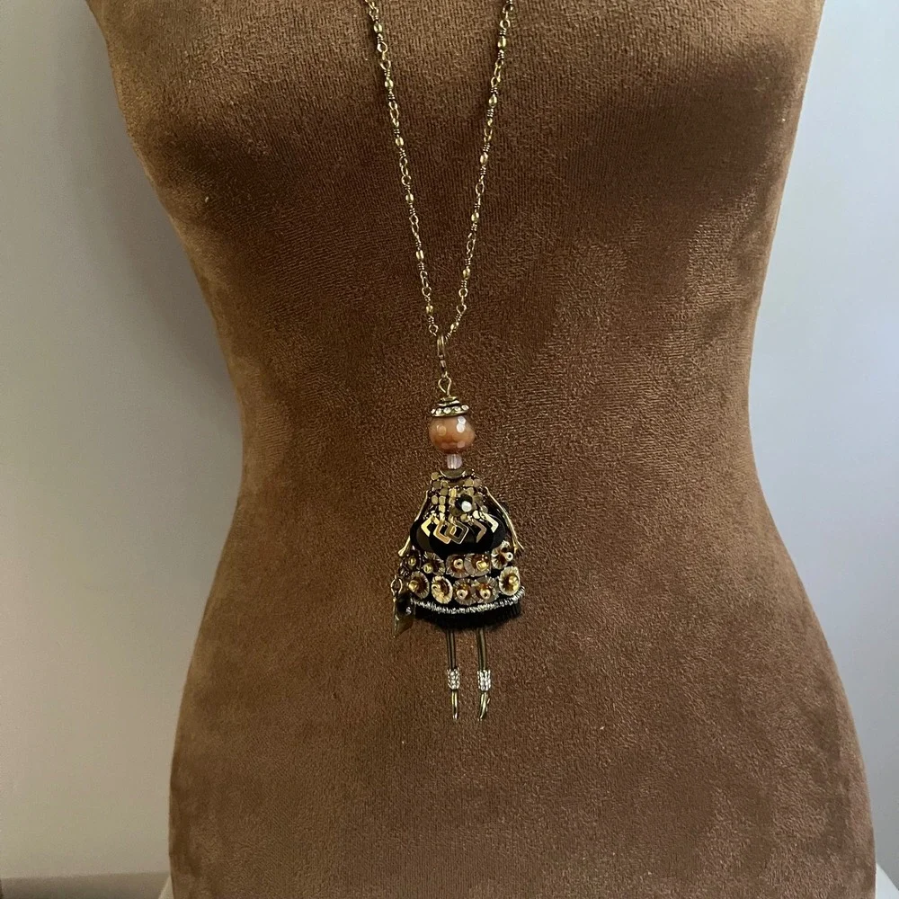 RS Paris Doll Pendant Long 36 Necklace Gold Tone Mixed Media 4 In Whimsical Goth